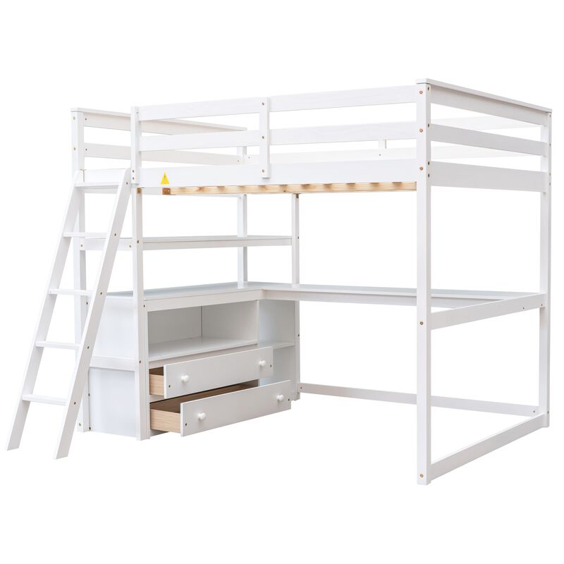 Whisen Full Size Wood Loft Bed with Desk, Shelves and Two Built-in Drawers - Gray