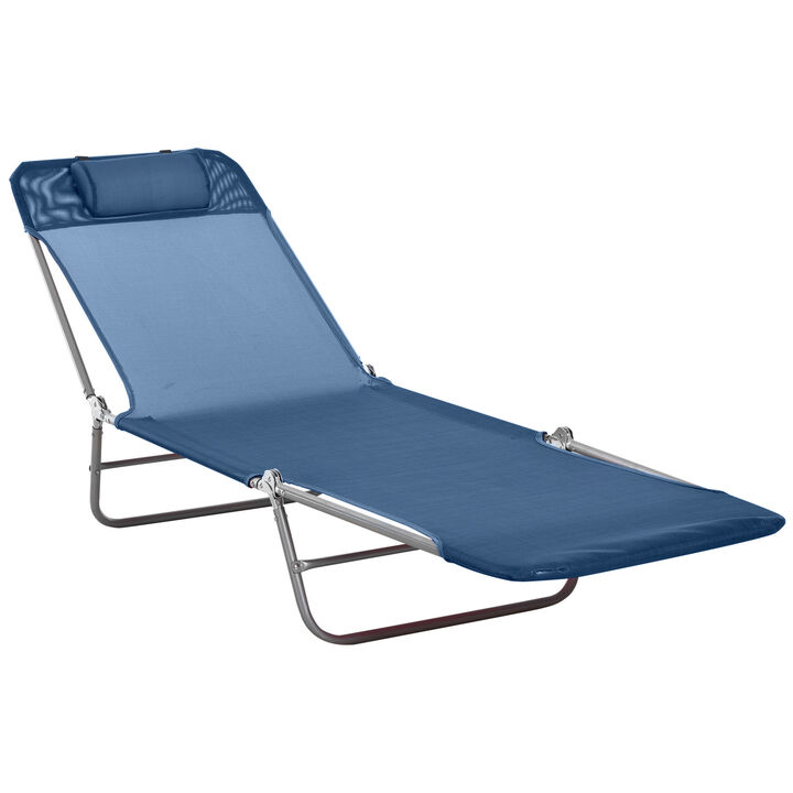 Outsunny Folding Chaise Lounge Chair, Pool Sun Tanning Chair, Outdoor Lounge Chair with 5-Position Reclining Back, Breathable Mesh Seat, Headrest for Beach, Yard, Patio, Dark Blue