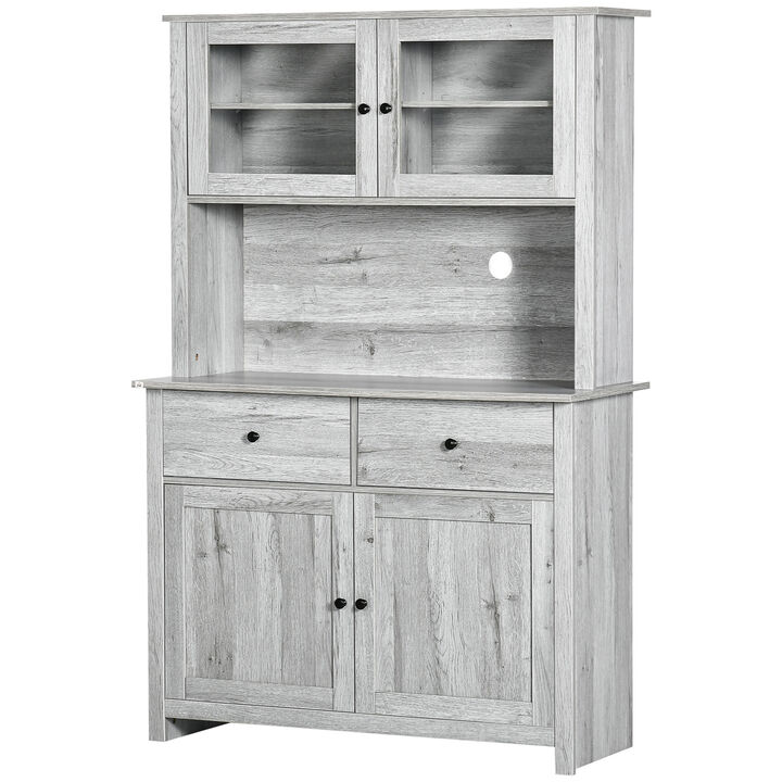 HOMCOM 63.5" Kitchen Buffet with Hutch, Pantry Storage Cabinet with 4 Shelves, Drawers, Framed Glass Doors, Open Microwave Countertop, Ash Grey