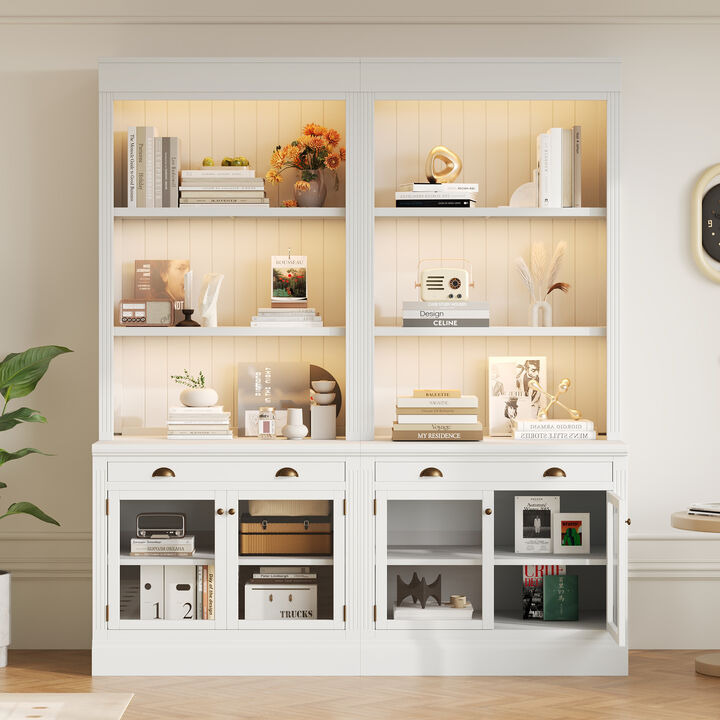 Whisen 83.4" Bookcase Suite with LED, Glass Doors & Drawers, Solid Wood & MDF Storage Bookshelf for Home Office