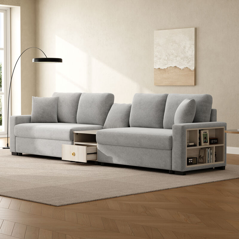 Merax Multi-Functional Chenille Sofa with Storage Armrest & Center Console image number 2