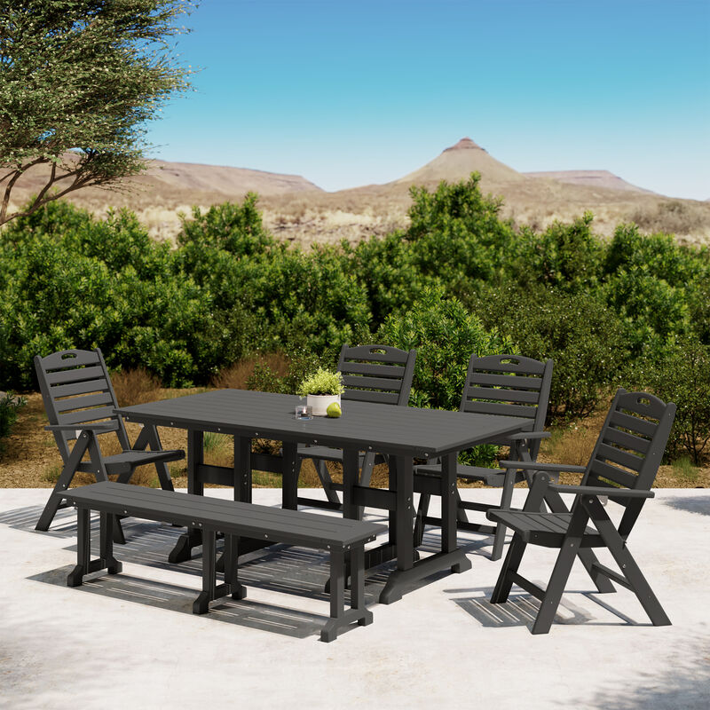 WestinTrends 6-Piece HDPE Rectangular Patio Dining Table Set with Foldable Chairs and Patio Bench