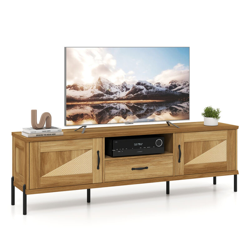 Mid Century Modern Rattan TV Stand with 2 Storage Cabinets for 80 Inch TVs image number 3