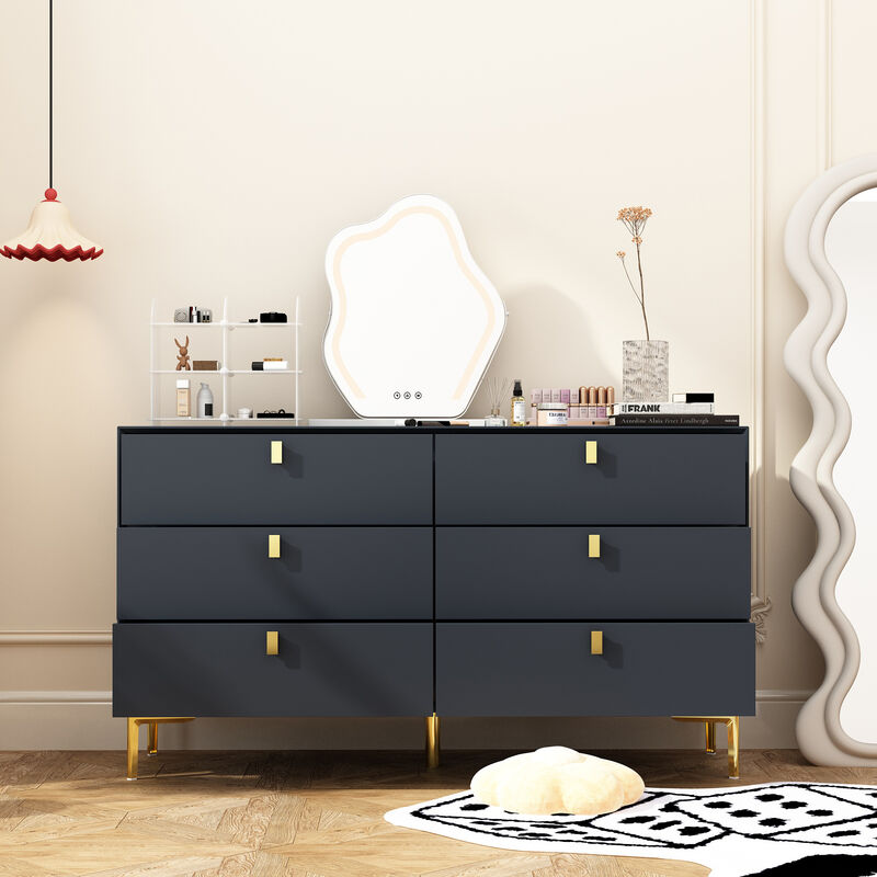 White 6-Drawers 55.1 in. Width Classic Wooden Chest of Drawers, Dresser, Storage Cabinet with Golden Legs and Handles