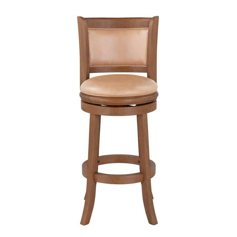 Haley 30 Inch Swivel Barstool Chair, Chestnut Brown Wood, Faux Leather - Benzara
