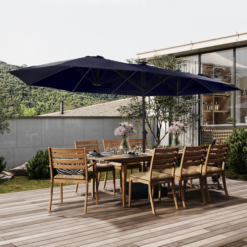 MONDAWE 15ft Twin Double-Sided Solar LED Patio Market Umbrella with Included Base Stand