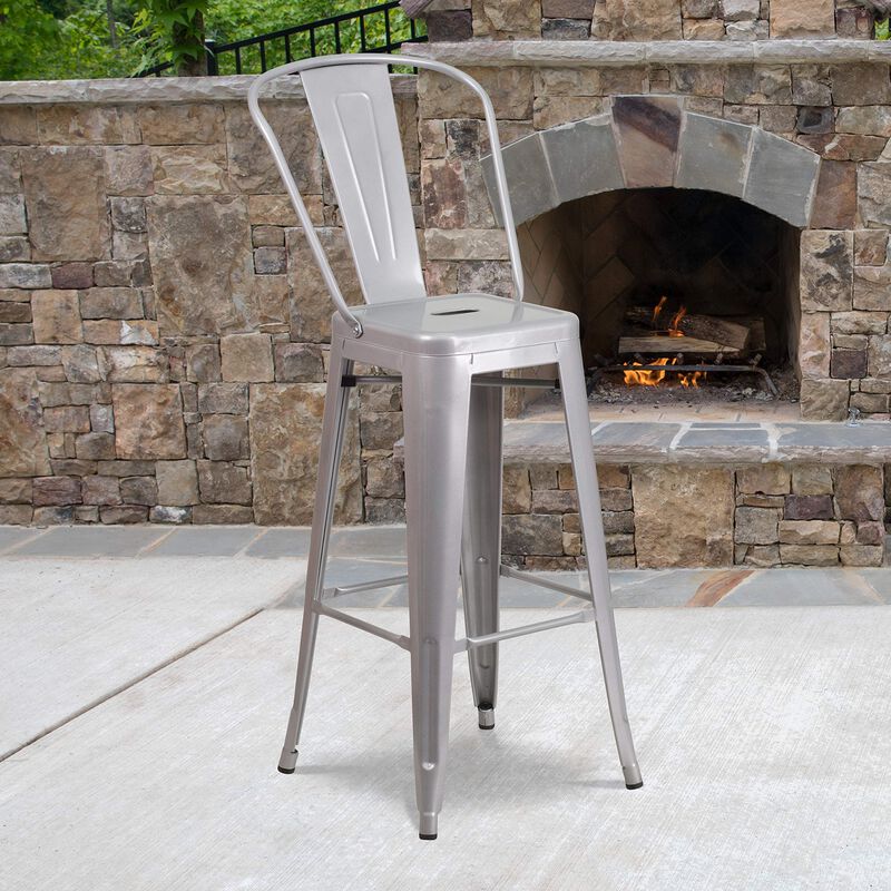 Flash Furniture Commercial Grade 30" High Silver Metal Indoor-Outdoor Barstool with Removable Back
