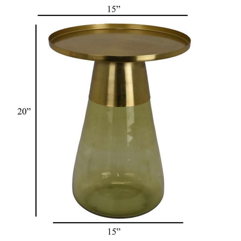 Palio Plant Stand Accent Table, Round Gold Metal, Green Glass Tapered - Benzara