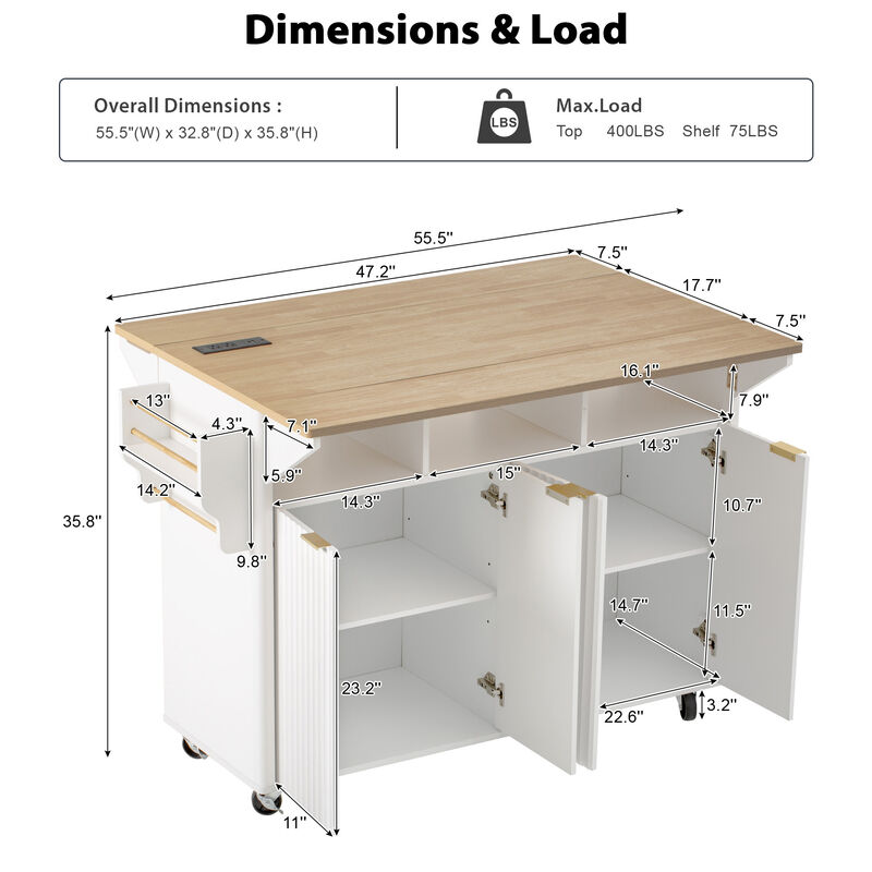 Whisen 55.5" Kitchen Island with 3 Drawers & 4 Doors, MDF Farmhouse Style for Kitchen & Dining Room image number 9