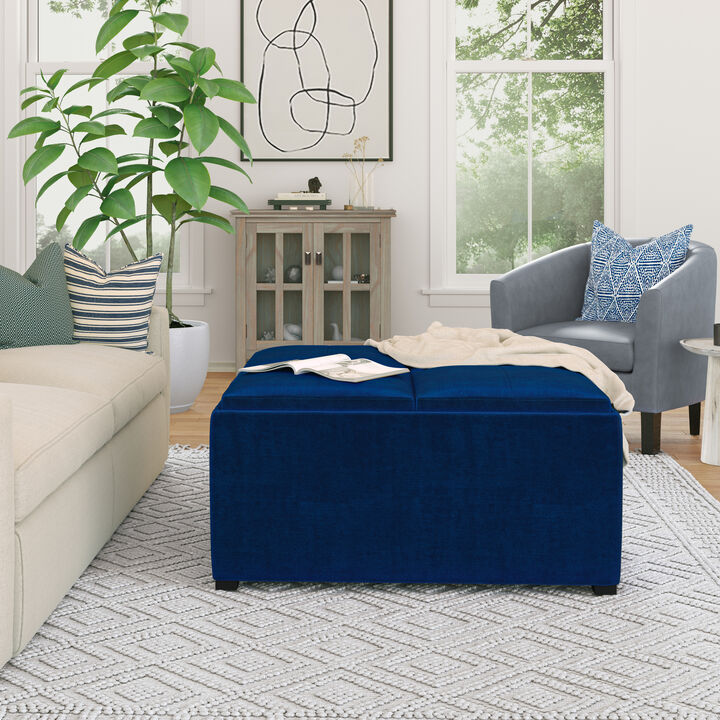 Avalon Square Coffee Table Storage Ottoman in Blue Velvet Fabric