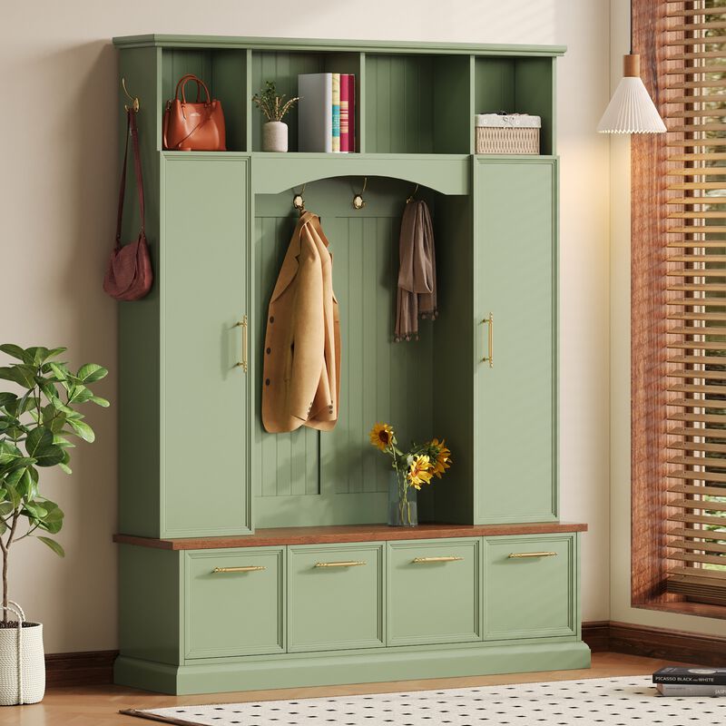 Merax Farmhouse Hall Tree with Gold-Tone Handles, Upper Cabinets with Hooks & Adjustable Shelves image number 2