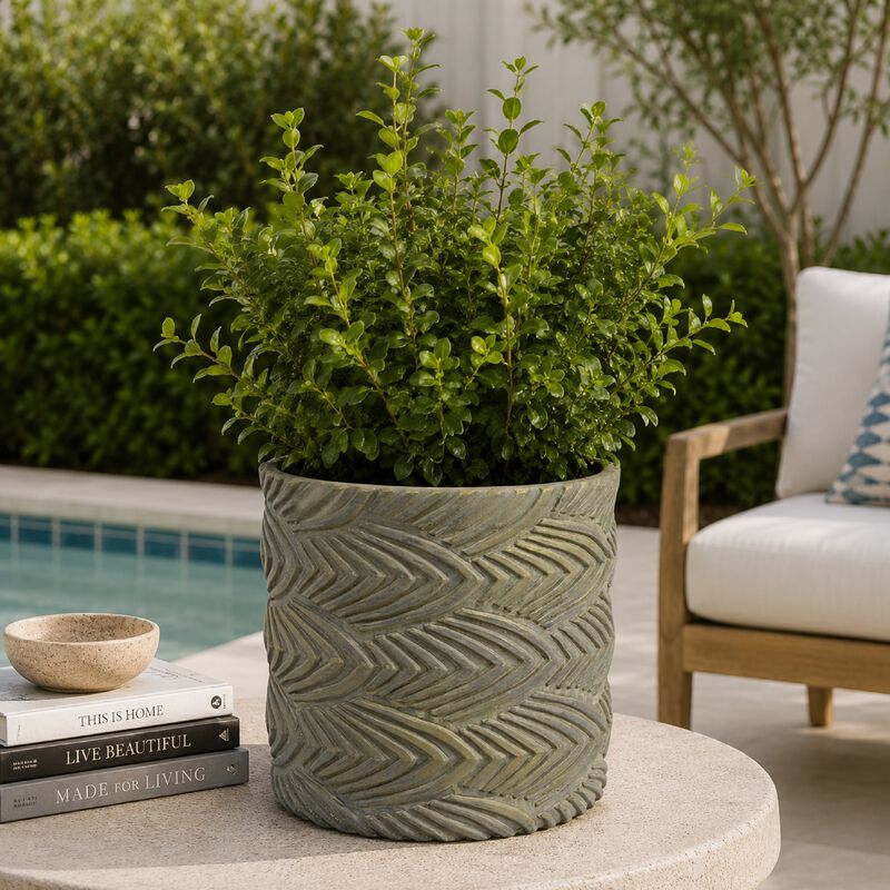 Cylindrical Planter, Raised Feather Motifs, Gray and Gold Terracotta 7 Inch image number 8