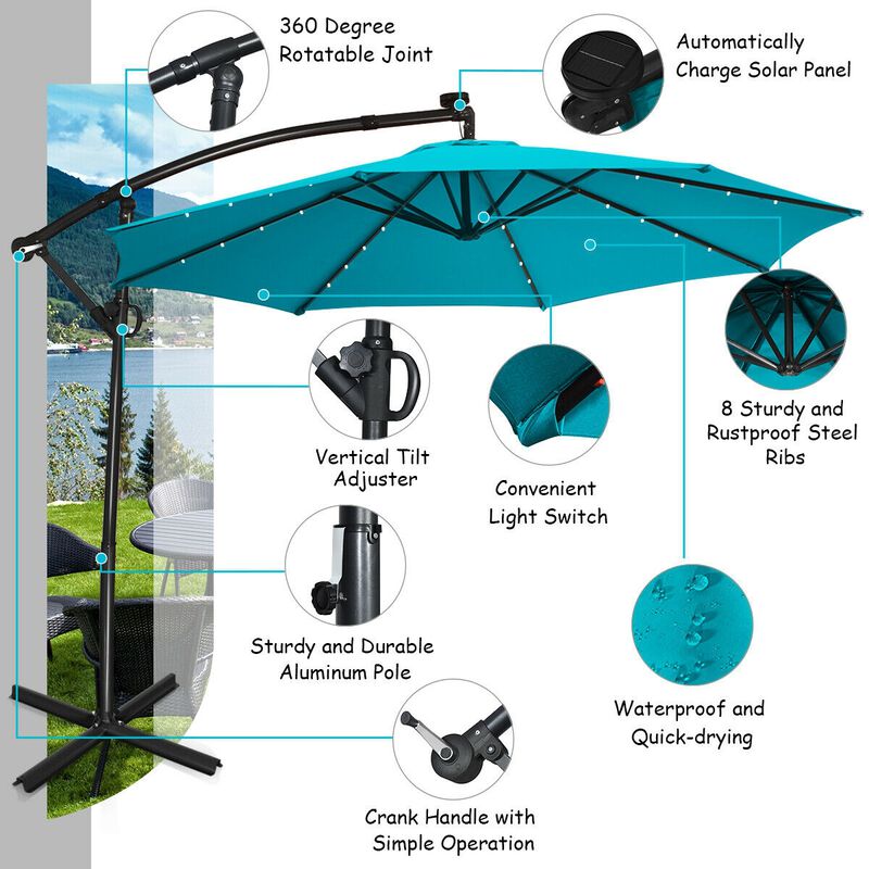 360-Degree Rotating Patio Umbrella &ndash; Solar Powered LED Cantilever Shade (Base Not Included)
