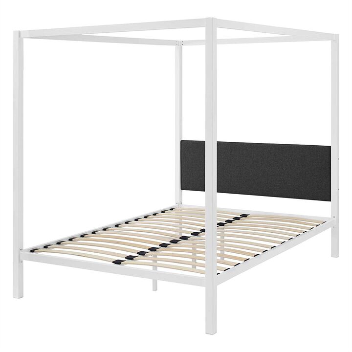 Industrial Canopy Bed Frame with Fabric Upholstered Headboard – Metal Design
