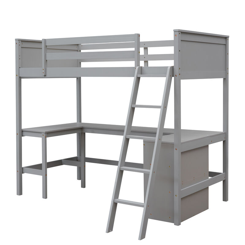 Whisen Twin Size Wooden Loft Bed with Desk and Shelves