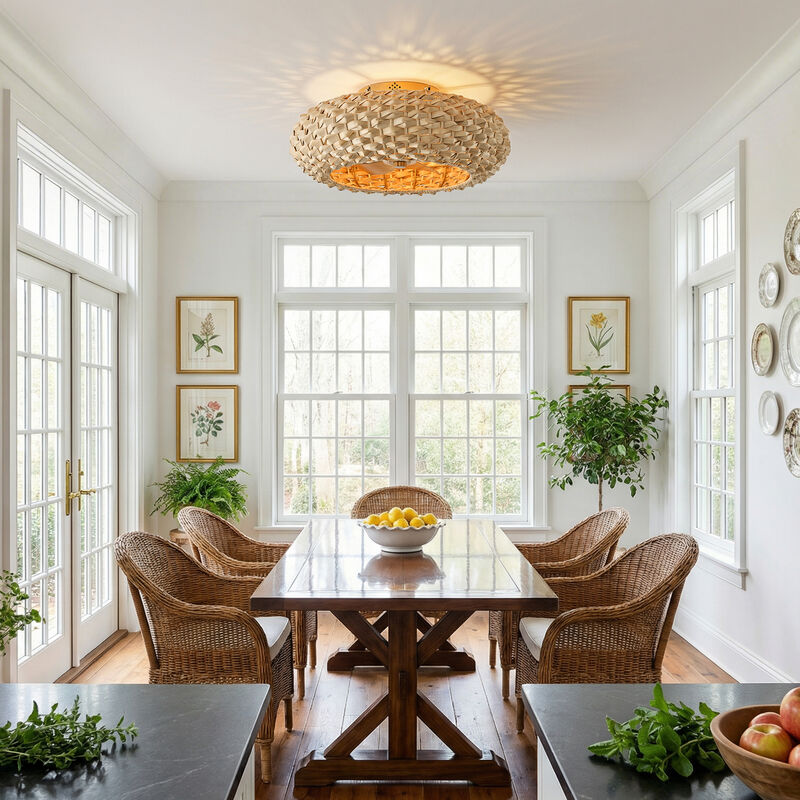 20.5" Farmhouse Antique Gold Caged Hand Woven Bamboo Ceiling Fan with Light and Remote for Bedroom, Hallway or Dining Hall image number 3