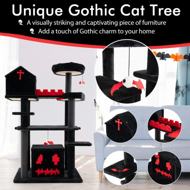 Hivvago Gothic Cat Tree 49 Inch Tall Cat Tower 6-Tier Cat Activity Center with Coffin Bed