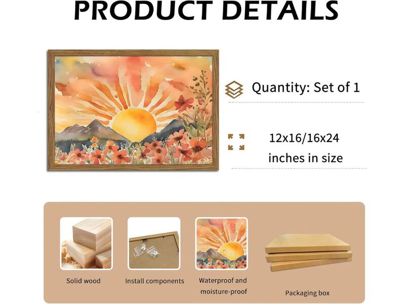 Framed Sunset Boho Wall Art Abstract Floral Canvas 12x16 In Living Room Decor image number 2