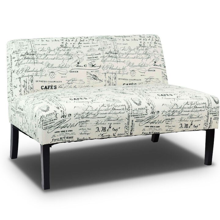 QuikFurn Modern Loveseat Sofa with Off-White Cursive Pattern Upholstery and Black Wood Legs