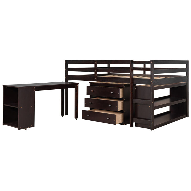 Low Study Full Loft Bed with Cabinet, Shelves and Rolling Portable Desk, Multiple Functions Bed- Espresso