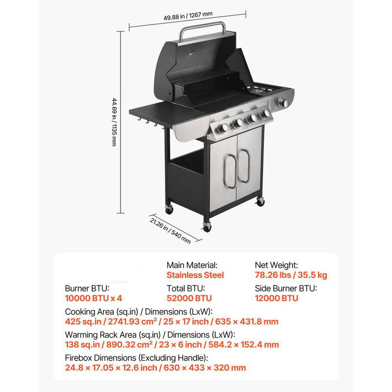 4 Burner BBQ Gas Grill with Side Burner, 52000 BTU Outdoor Patio Grill with Side Shelves image number 2