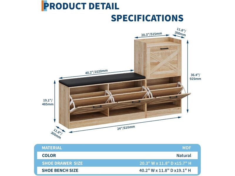 Slim Entryway Wood Shoe Storage Bench Flip Drawer 4 Drawers image number 2