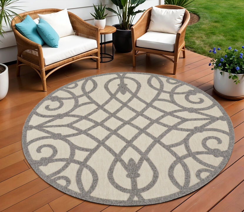HomeRoots 8' Cream And Gray Round Trellis Indoor Outdoor Area Rug