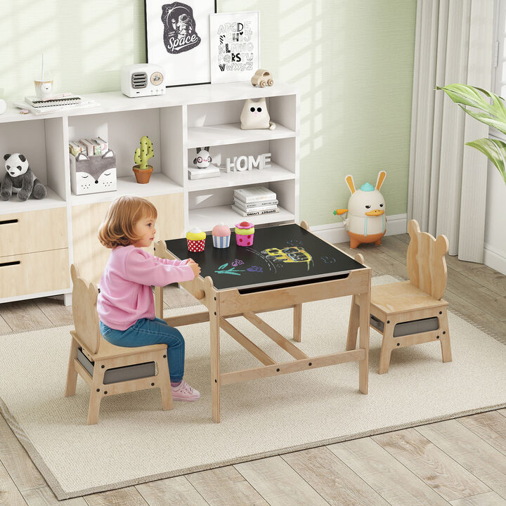 Children&rsquo;s Table and Chair Set with Reversible Whiteboard Top-Natural