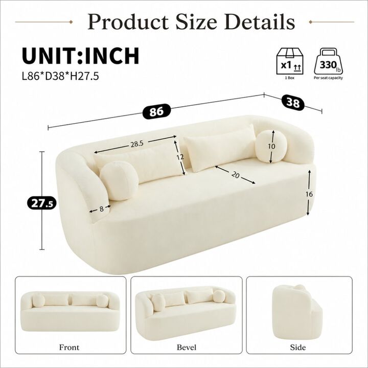 86" Curved Cloud Couch Chenille Upholstered 3-Seater Boneless Sofa