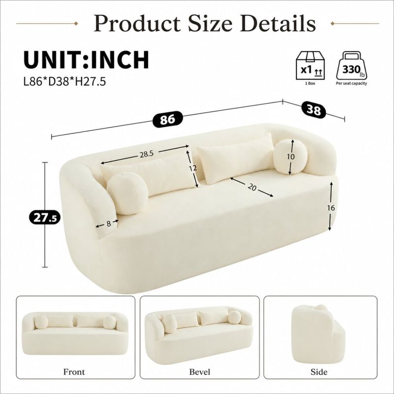 86" Curved Cloud Couch Chenille Upholstered 3-Seater Boneless Sofa image number 1