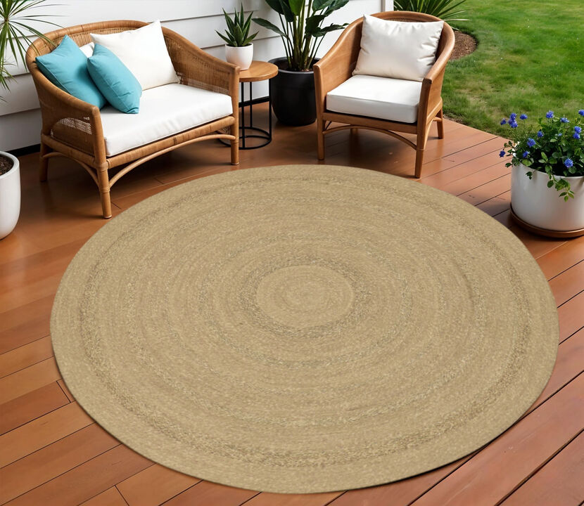 HomeRoots 8' Natural And Brown Round Handmade Indoor Outdoor Area Rug