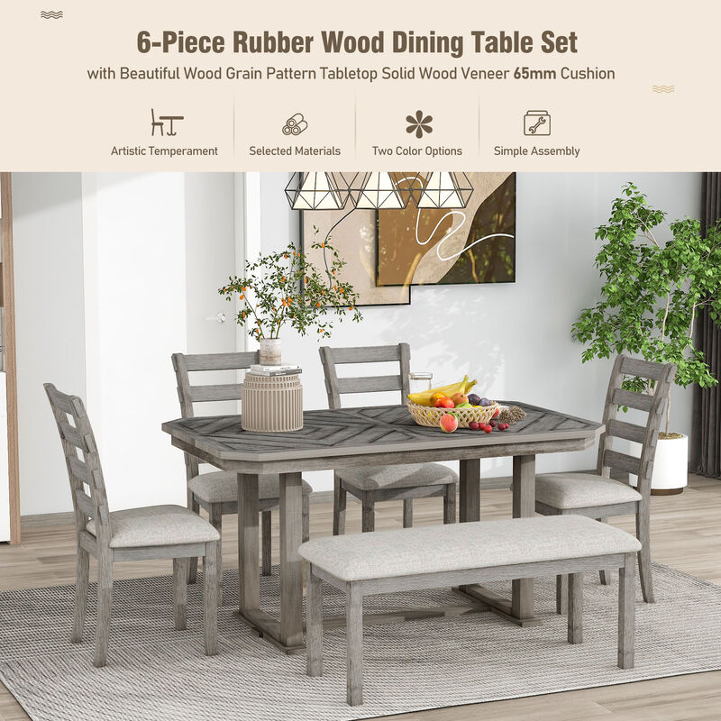 Whisen 6-Piece Rubber Wood Dining Table Set with 4 Chair and 1 Bench - Natural Wood Wash