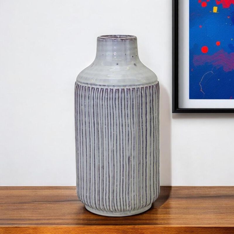 Hivvago 12 Inch White and Brown Ribbed Cylinder Terracotta Table Vase
