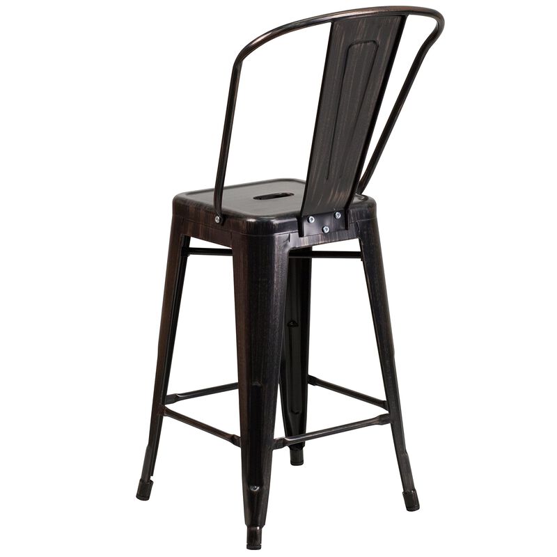 Flash Furniture Commercial Grade 24" High Black-Antique Gold Metal Indoor-Outdoor Counter Height Stool with Removable Back
