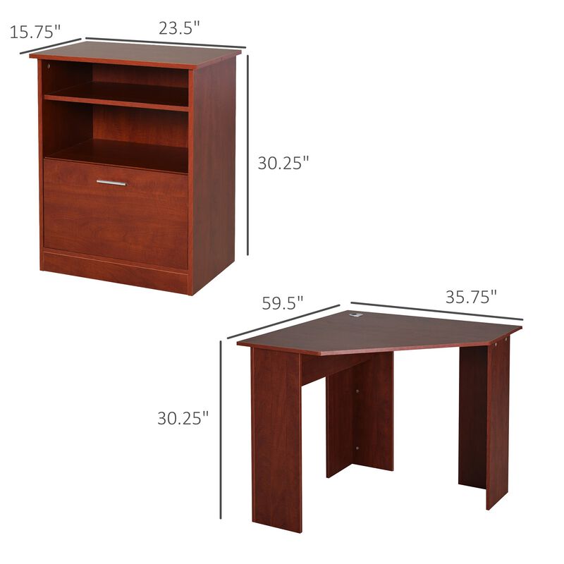 Computer Desk with Printer Cabinet, L-Shaped Corner Desk with Storage, Study PC Workstation for Home Office, Cherry
