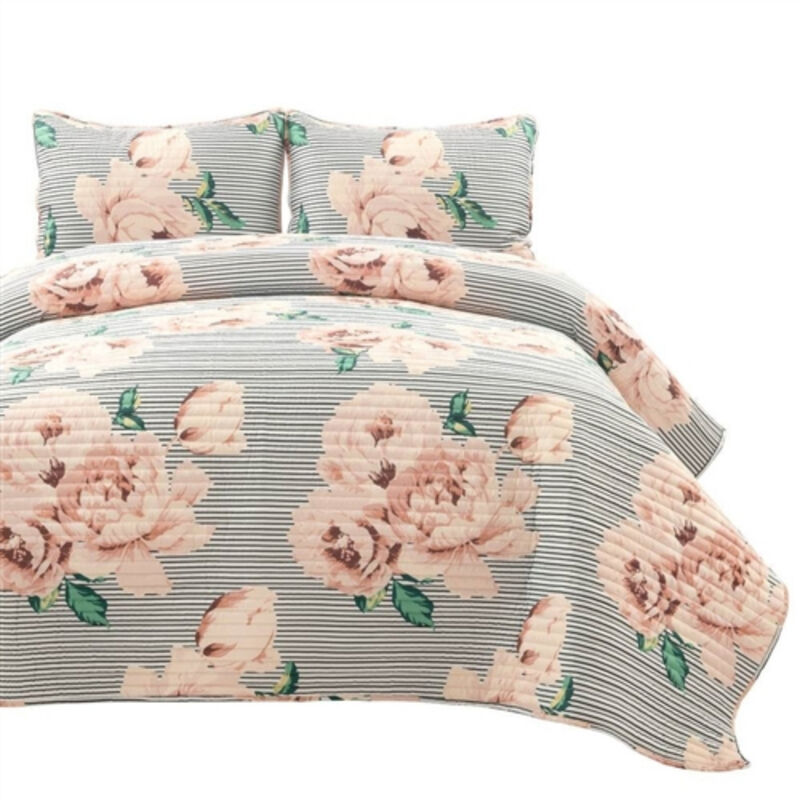 3-Piece Polyester Striped Rose Floral Quilt Set for Stylish Bedroom Update