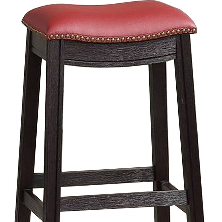 29 Inch Wooden Bar Stool with Upholstered Cushion Seat, Set of 2, Gray and Red-Benzara