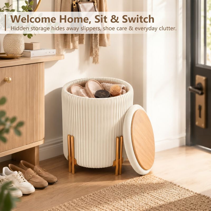 Off-White Round Velvet Storage Ottoman with Reversible Tray Lid, Gold Metal Legs image number 7