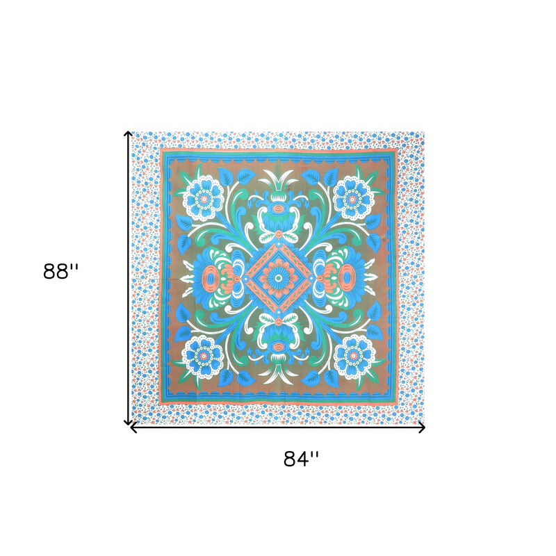 HomeRoots 88" X 84" Brown Blue And White Floral Cotton Hanging Tapestry image number 4