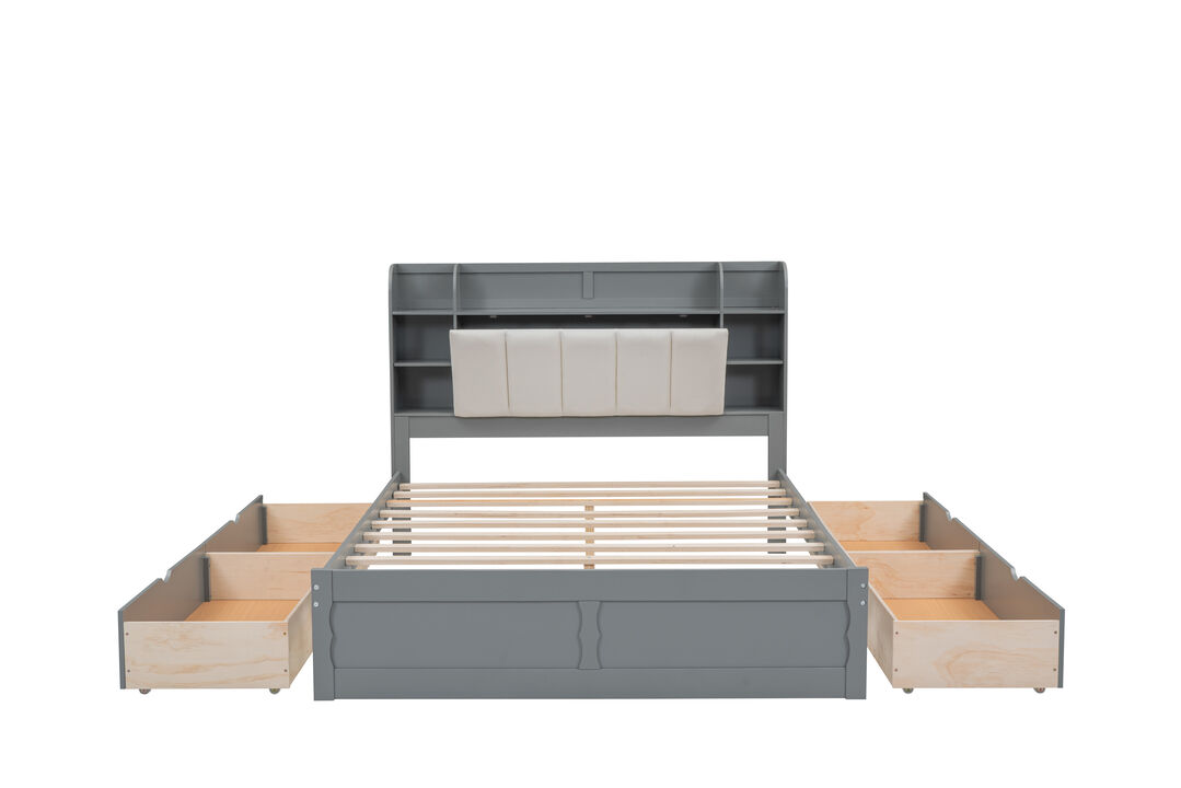 Wood Queen Size Platform Bed with Storage Headboard, Shelves and 4 Drawers, Gray