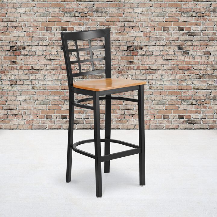 Flash Furniture HERCULES Series Black Window Back Metal Restaurant Barstool - Natural Wood Seat
