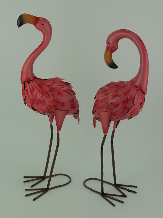 Set of 2 Decorative Metal Pink Flamingo Yard Statues