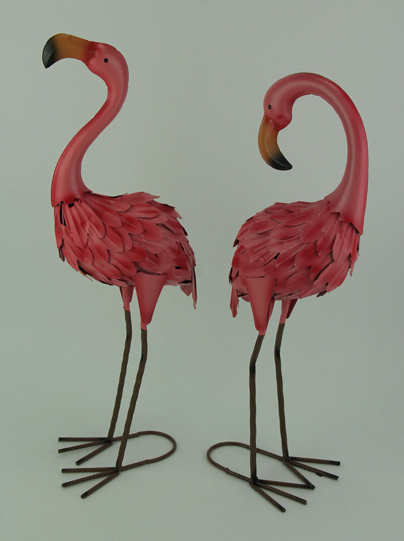 Set of 2 Decorative Metal Pink Flamingo Yard Statues image number 1
