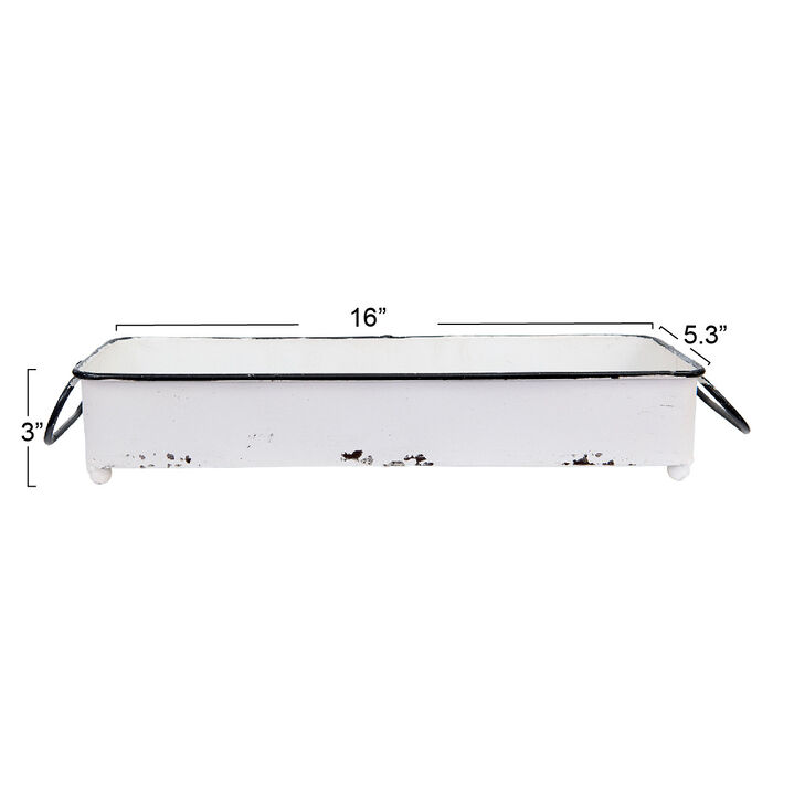 Decorative Metal Tray with 2 Handles and Distressed Enamel Finish, White and Black