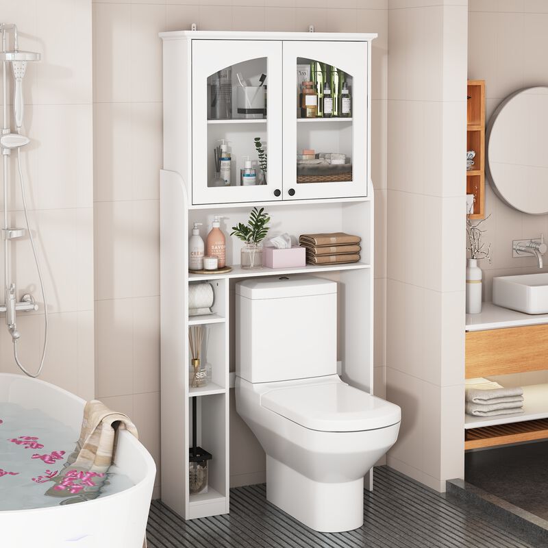 FUFU&GAGA White Over-the-Toilet Storage Cabinet with Adjustable Shelf & Retractable Tissue Holder, Modern Design, Spacious Storage (71.9" H x 32.2" W x 10.5" D), White image number 4
