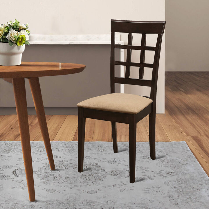 17 Inch Side Dining Chair, Set of 2, Lattice Back Brown Wood, Tan Fabric - Benzara