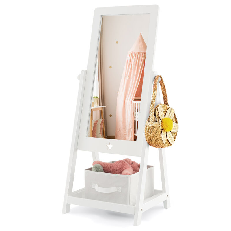 Kids Full Length Wooden Standing Mirror with Bottom Shelf and Foldable Storage Bin-White
