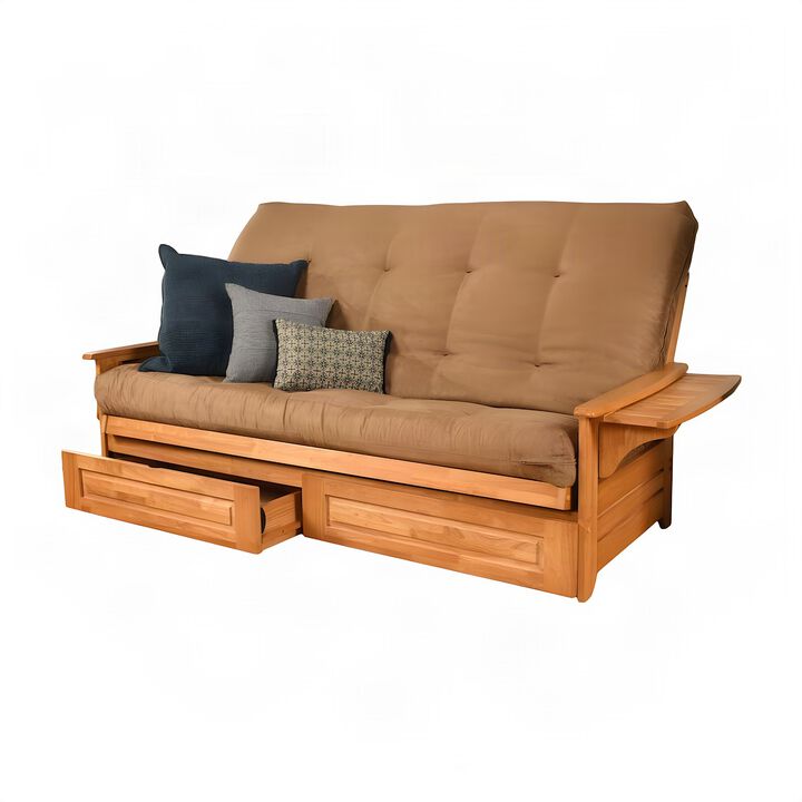 Phoenix Frame Queen-Butternut Finish-Suede Peat Mattress-Storage Drawers