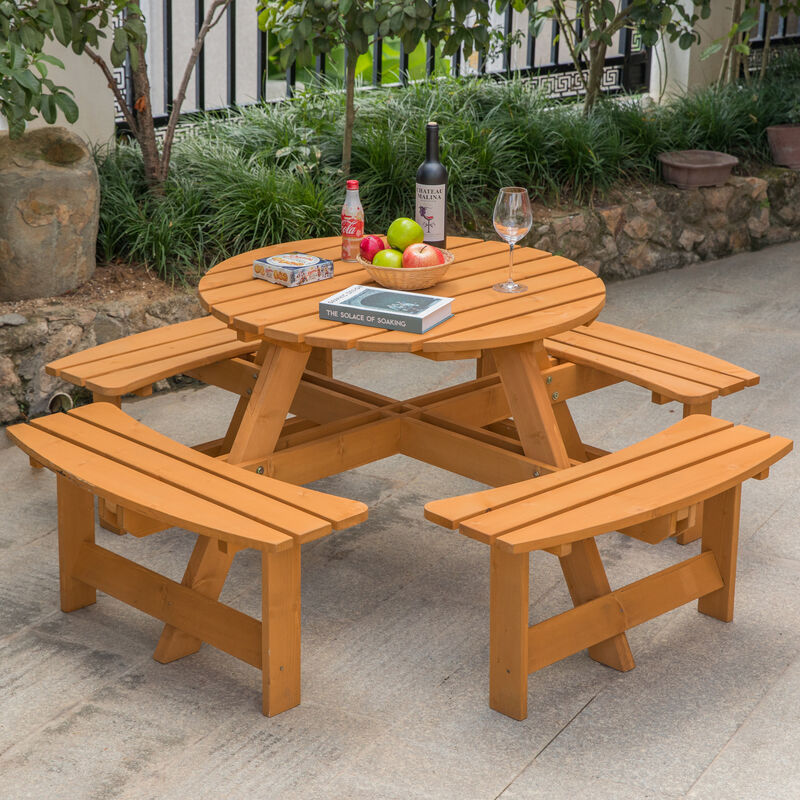 Wooden Outdoor Patio Garden Round Picnic Table with Bench, 8 Person - Stained