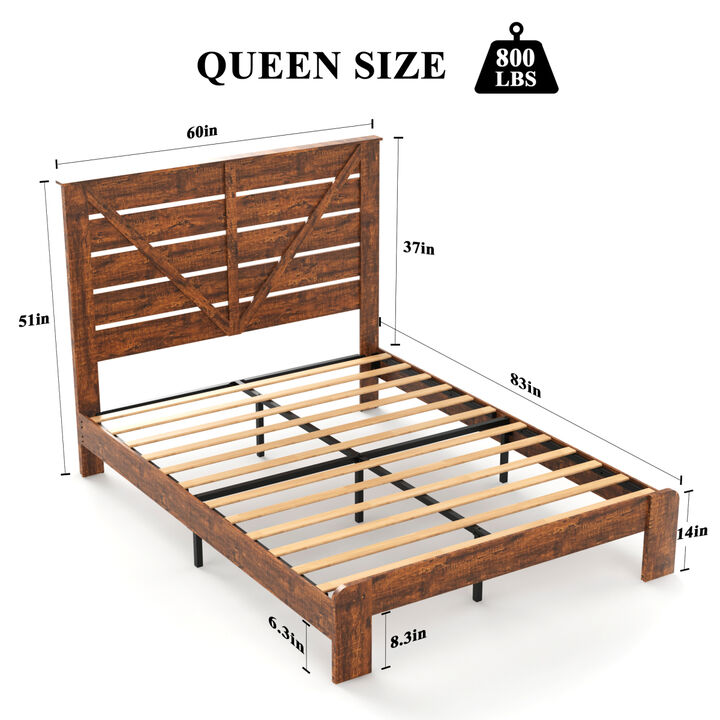 Queen Bed Frame Headboard, Wood Platform Bed Frame, Noise Free, No Box Spring Needed and Easy Assembly Tool, Large Under Bed Storage, Vintage Brown